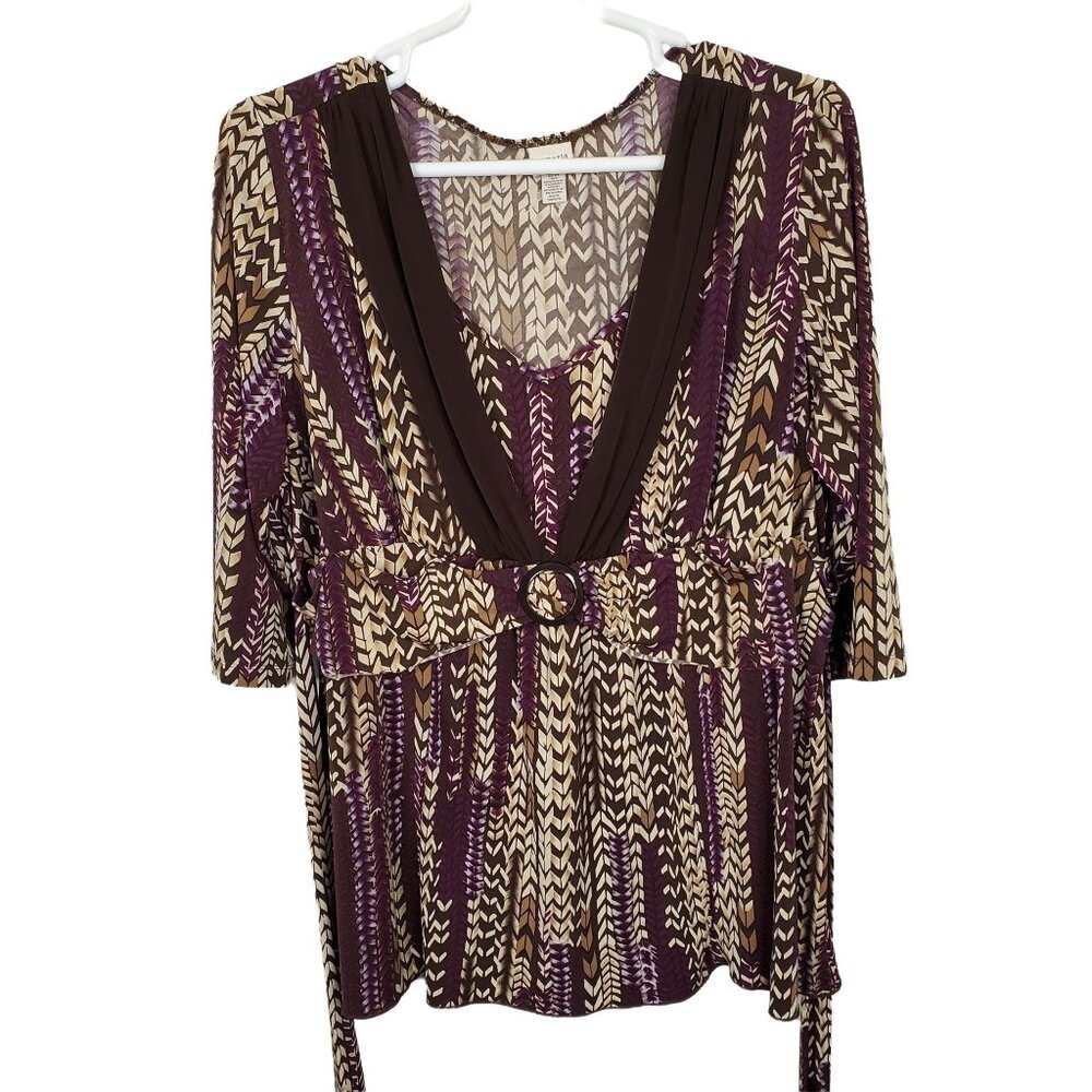 Venezia Size 22 24 Shirt Layered Stretch Jersey Tunic Tie Belt Boho Braid Print - Picture 2 of 6